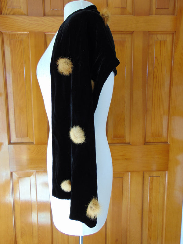 Black Velvet Scarf with Mink Pompoms
