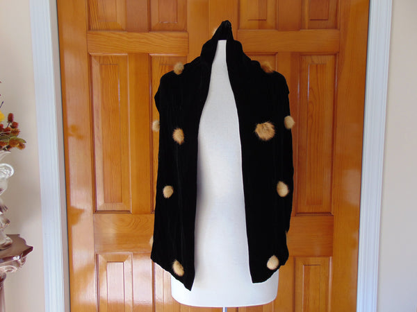 Black Velvet Scarf with Mink Pompoms