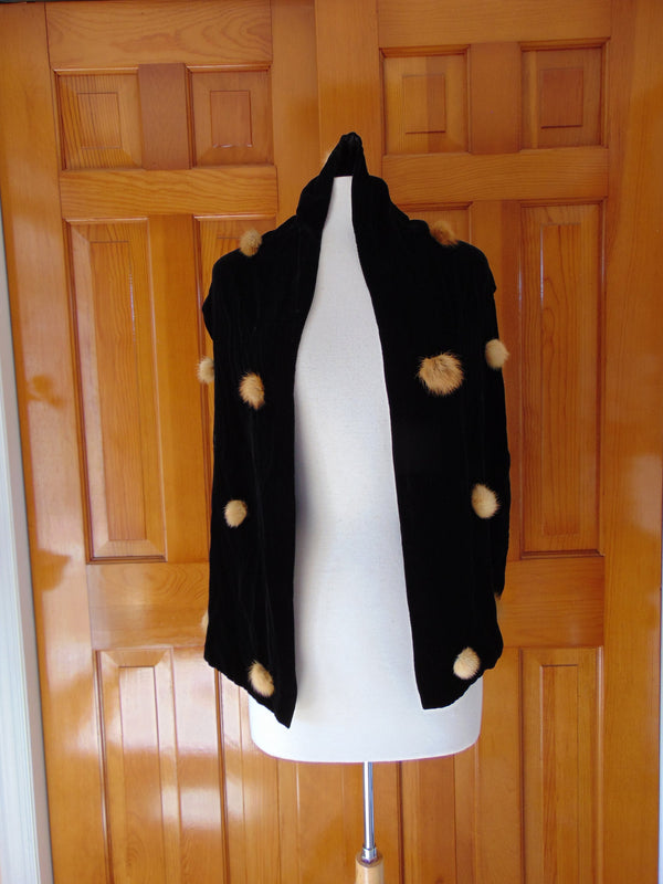 Black Velvet Scarf with Mink Pompoms