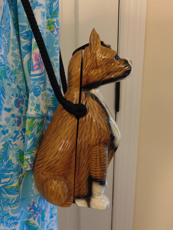 Vintage Timmy Woods Boxer Dog Purse: Hand Carved Wooden Bag