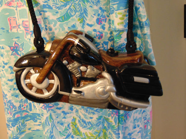 Vintage Timmy Woods Harley Motorcycle Purse: Wooden Novelty Bag