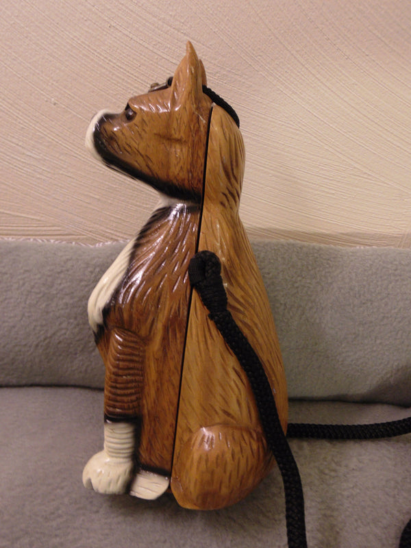 Vintage Timmy Woods Boxer Dog Purse: Hand Carved Wooden Bag