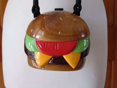 Rare Timmy Woods Cheeseburger Purse: Acacia Wood Wearable Art