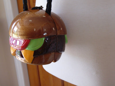 Rare Timmy Woods Cheeseburger Purse: Acacia Wood Wearable Art
