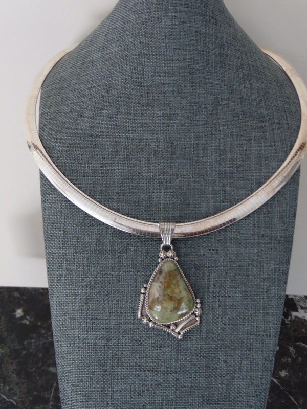 Sterling Silver Serpentine Jasper Pendant Necklace - Italy 925 Omega Chain