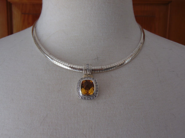 Sterling Silver Omega Chain Necklace: Faux Citrine & Diamond Pendant
