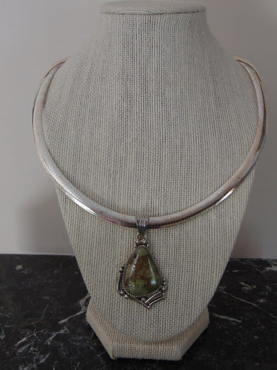 Sterling Silver Serpentine Jasper Pendant Necklace - Italy 925 Omega Chain