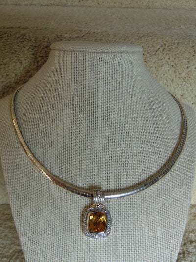 Sterling Silver Omega Chain Necklace: Faux Citrine & Diamond Pendant