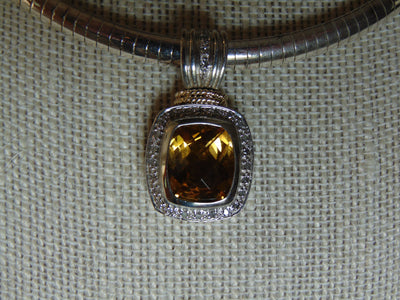 Sterling Silver Omega Chain Necklace: Faux Citrine & Diamond Pendant