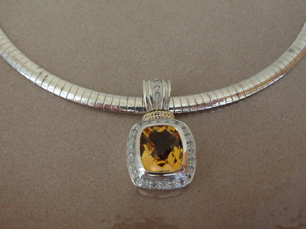 Sterling Silver Omega Chain Necklace: Faux Citrine & Diamond Pendant