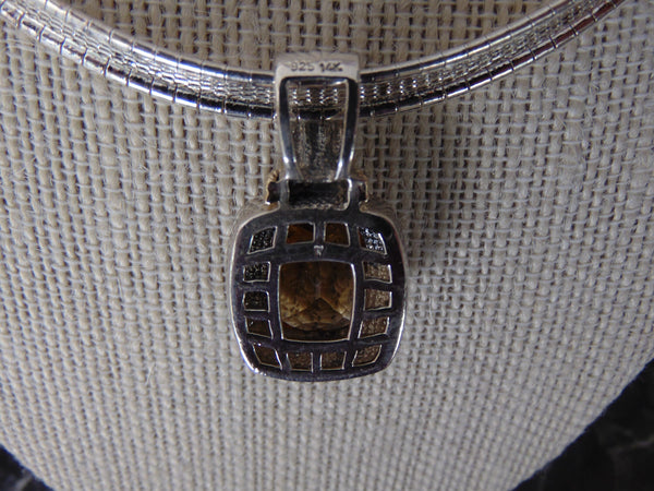 Sterling Silver Omega Chain Necklace: Faux Citrine & Diamond Pendant