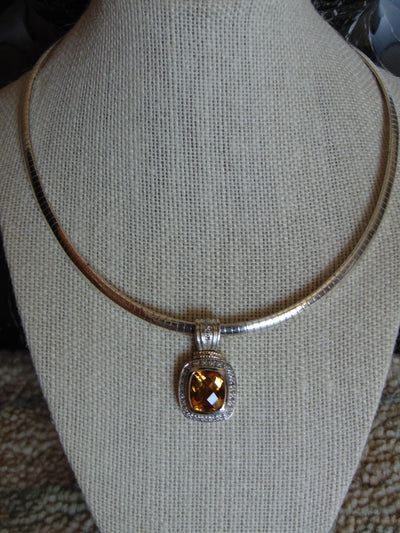 Sterling Silver Omega Chain Necklace: Faux Citrine & Diamond Pendant