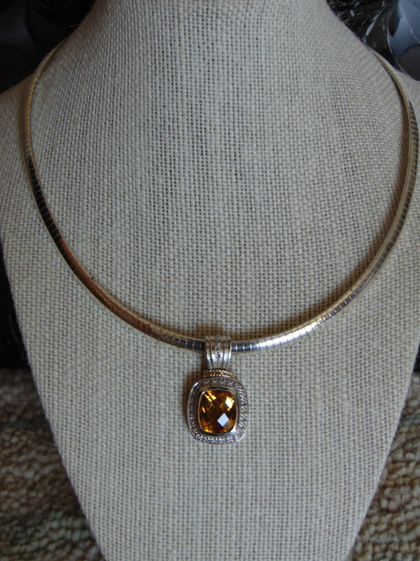 Sterling Silver Omega Chain Necklace: Faux Citrine & Diamond Pendant