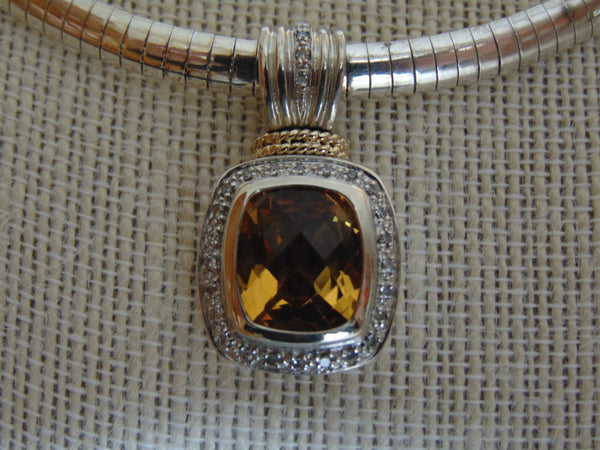 Sterling Silver Omega Chain Necklace: Faux Citrine & Diamond Pendant