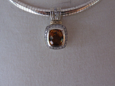 Sterling Silver Omega Chain Necklace: Faux Citrine & Diamond Pendant