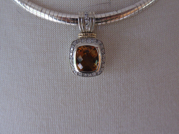 Sterling Silver Omega Chain Necklace: Faux Citrine & Diamond Pendant