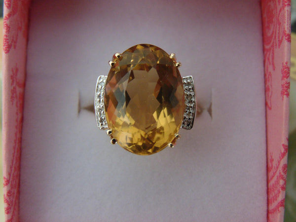 Vintage 14K Gold Citrine Diamond Ring: 12Ct Radiant Cut
