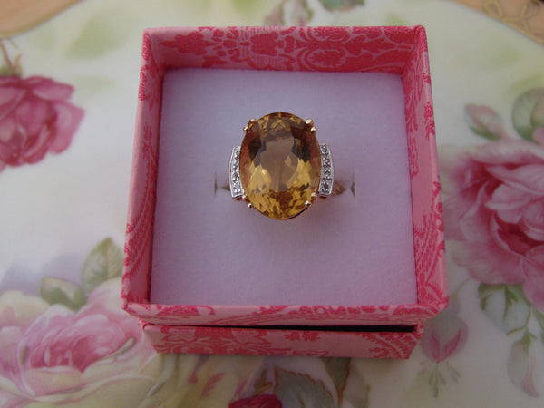 Vintage 14K Gold Citrine Diamond Ring: 12Ct Radiant Cut