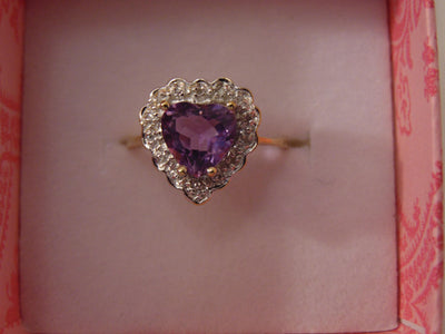 10K Yellow Gold Purple Heart Ring with Diamonds, Size 6 3/4
