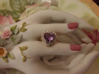 10K Yellow Gold Purple Heart Ring with Diamonds, Size 6 3/4