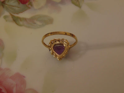 10K Yellow Gold Purple Heart Ring with Diamonds, Size 6 3/4