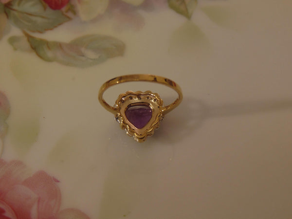 10K Yellow Gold Purple Heart Ring with Diamonds, Size 6 3/4