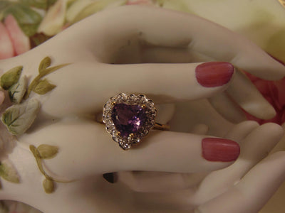 10K Yellow Gold Purple Heart Ring with Diamonds, Size 6 3/4