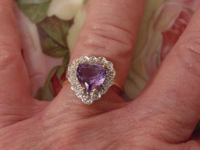 10K Yellow Gold Purple Heart Ring with Diamonds, Size 6 3/4