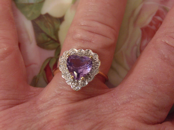 10K Yellow Gold Purple Heart Ring with Diamonds, Size 6 3/4