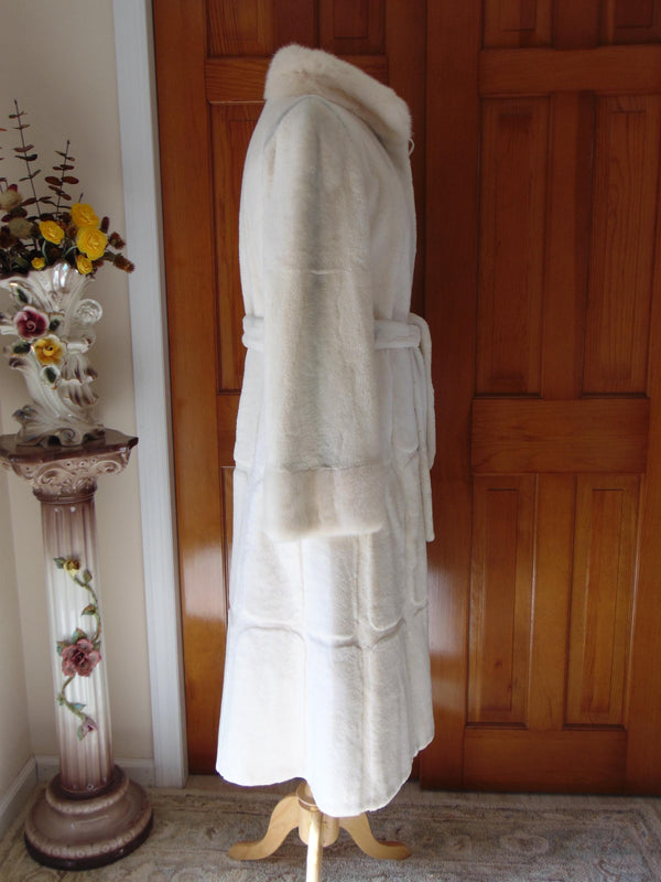 Vintage White Sheared Mink Fur Coat: Rhinestone Button, Size 10