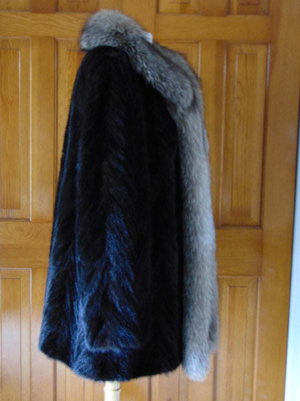 Vintage Black Mink Fur Stroller Coat: Indigo Fox Tuxedo Trim