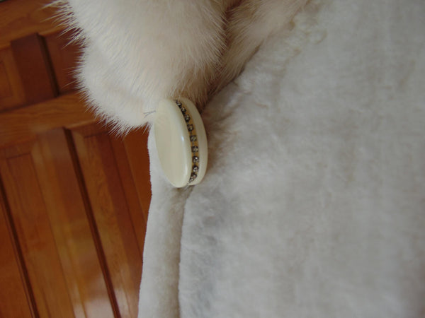 Vintage White Sheared Mink Fur Coat: Rhinestone Button, Size 10
