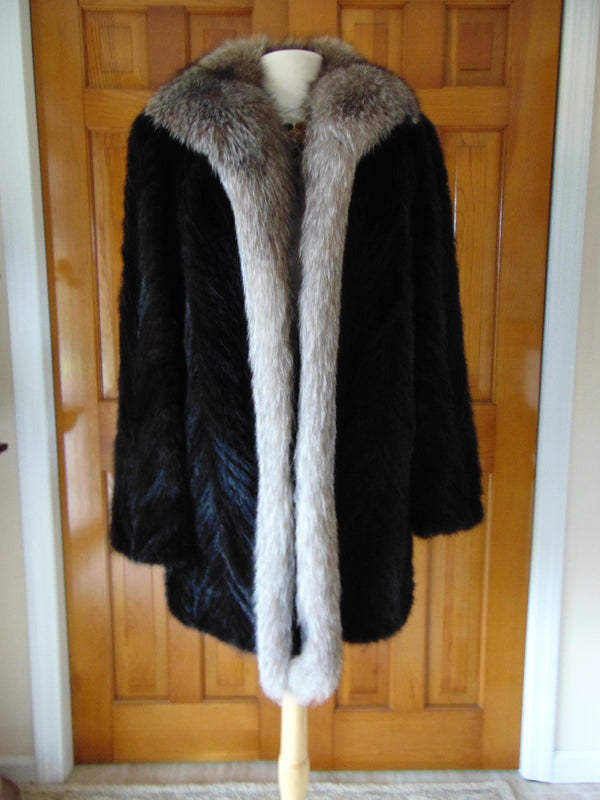 Vintage Black Mink Fur Stroller Coat: Indigo Fox Tuxedo Trim