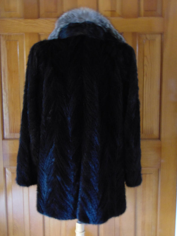 Vintage Black Mink Fur Stroller Coat: Indigo Fox Tuxedo Trim