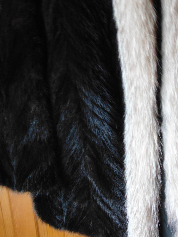 Vintage Black Mink Fur Stroller Coat: Indigo Fox Tuxedo Trim