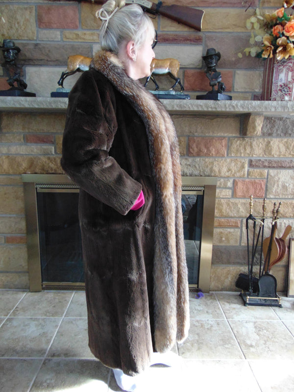 Neiman Marcus Sheared Muskrat Fur Coat with Fox Tuxedo Border