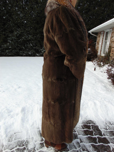 Neiman Marcus Sheared Muskrat Fur Coat with Fox Tuxedo Border