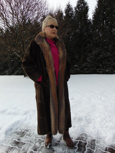 Neiman Marcus Sheared Muskrat Fur Coat with Fox Tuxedo Border