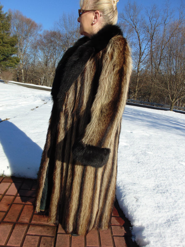 Vintage Full Length Raccoon Fur Coat: Fox Trim, 80s Estate Piece