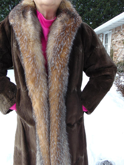 Neiman Marcus Sheared Muskrat Fur Coat with Fox Tuxedo Border