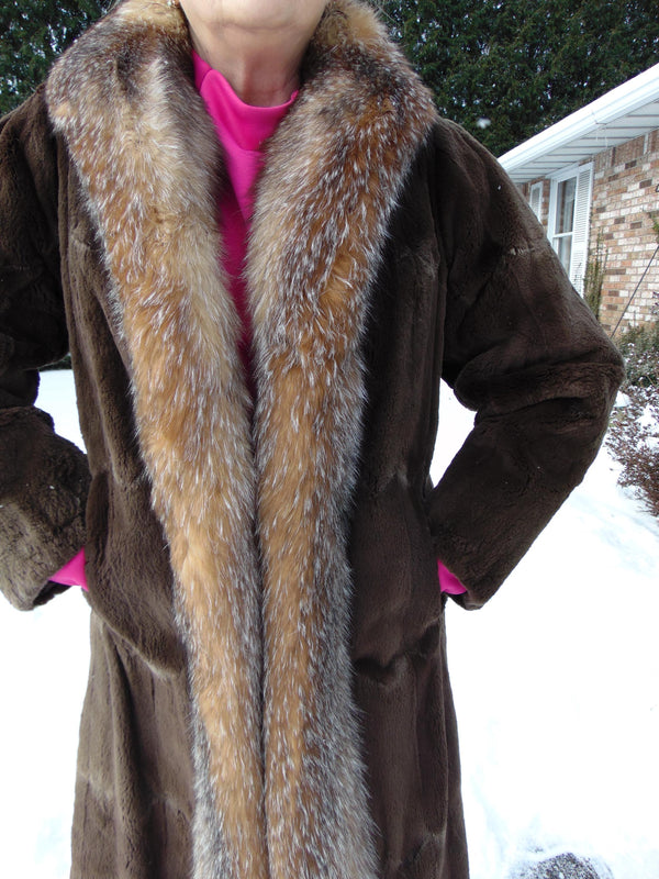 Neiman Marcus Sheared Muskrat Fur Coat with Fox Tuxedo Border