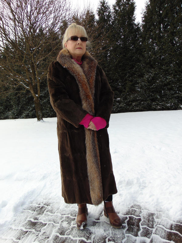 Neiman Marcus Sheared Muskrat Fur Coat with Fox Tuxedo Border