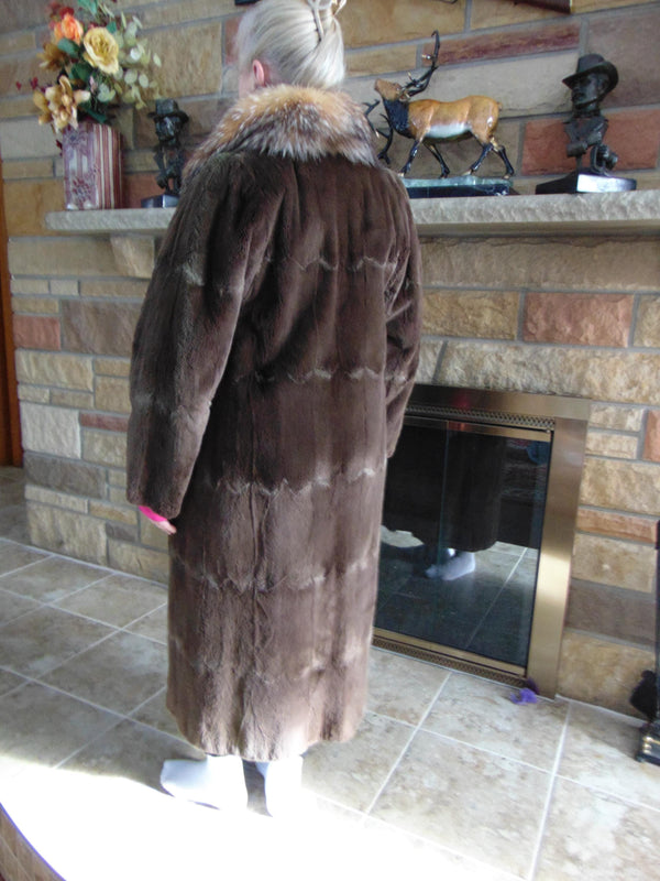 Neiman Marcus Sheared Muskrat Fur Coat with Fox Tuxedo Border