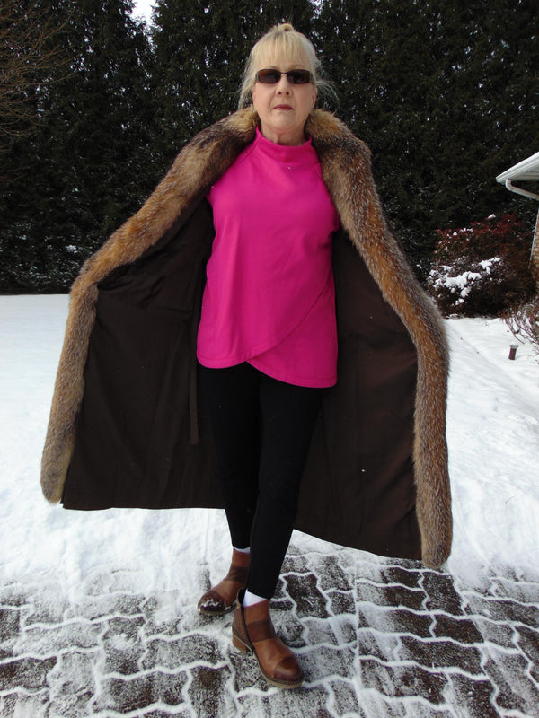 Neiman Marcus Sheared Muskrat Fur Coat with Fox Tuxedo Border