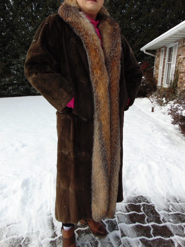 Neiman Marcus Sheared Muskrat Fur Coat with Fox Tuxedo Border