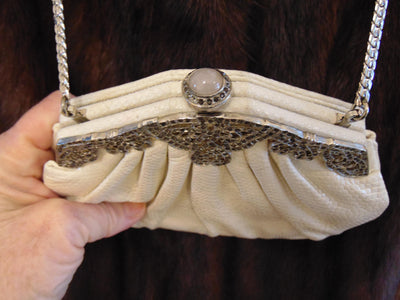 Judith Leiber White Lizard Jeweled Handbag: Silver Hardware