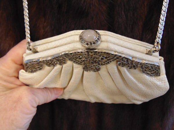 Judith Leiber White Lizard Jeweled Handbag: Silver Hardware