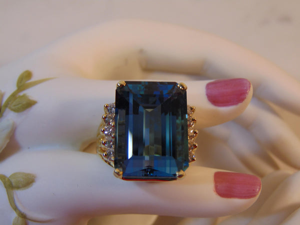 Vintage 14K Gold Blue Topaz Ring with Diamonds, Size 7.5