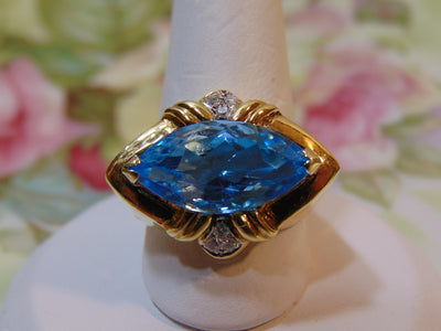 14K Gold Blue Topaz Diamond Ring, Size 6 1/2