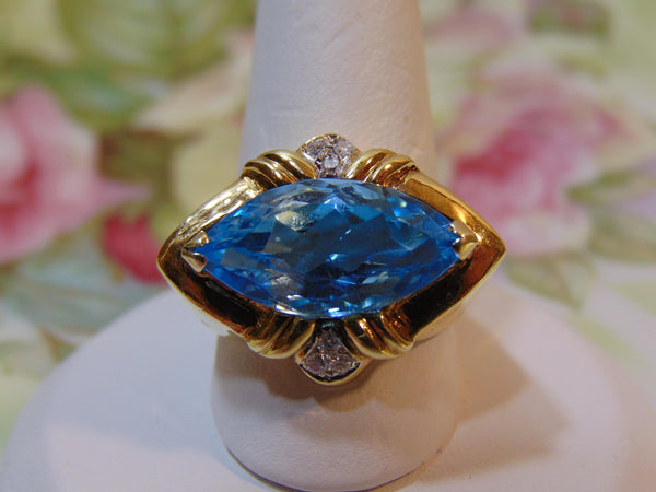 14K Gold Blue Topaz Diamond Ring, Size 6 1/2